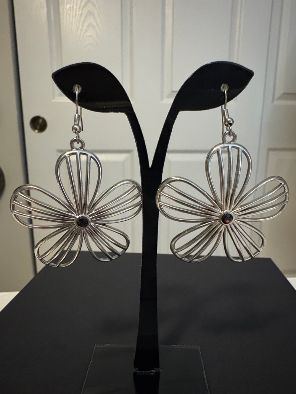 Silver Flower Wire Drop Earrings with Garnet Center Stone
